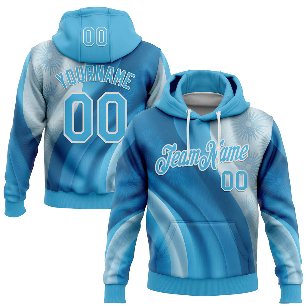 Custom Stitched Blue Sky Blue-White 3D Pattern Design Argentine Inspired Subtle Floral Sports Wear Pullover Sweatshirt Hoodie