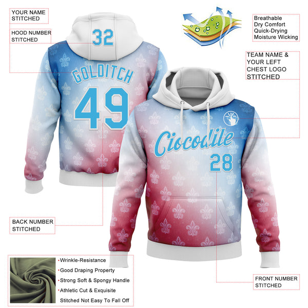 Custom Stitched White Sky Blue Red-Blue 3D Pattern Design American French Inspired Sports Wear Pullover Sweatshirt Hoodie