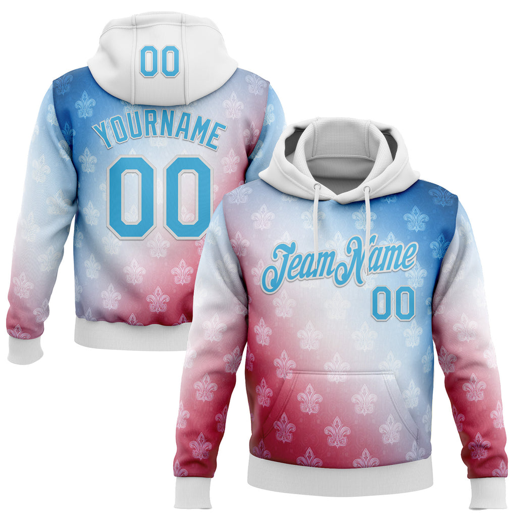 Custom Stitched White Sky Blue Red-Blue 3D Pattern Design American French Inspired Sports Wear Pullover Sweatshirt Hoodie