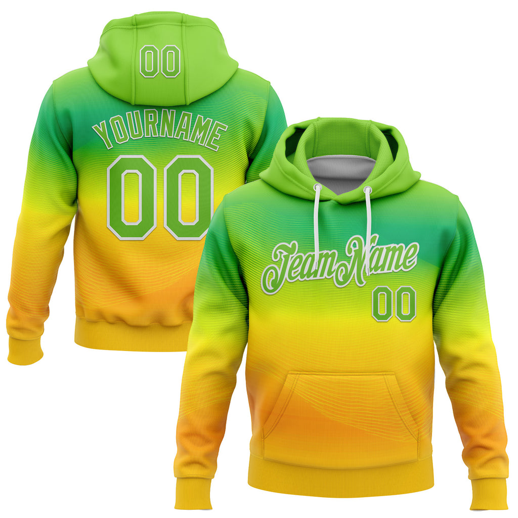 Custom Stitched Green Aurora Green Yellow-White 3D Pattern Design Brazil Inspired Gradien Line Sports Wear Pullover Sweatshirt Hoodie