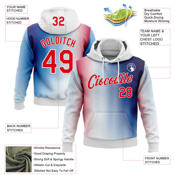 Custom Stitched White Fire Red-Blue 3D Pattern Design American Inspired Gradien Geometric Honeycomb Shape Sports Wear Pullover Sweatshirt Hoodie
