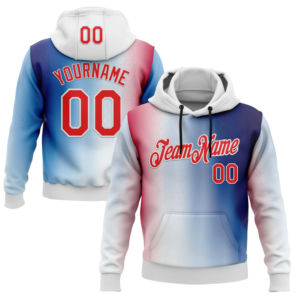 Custom Stitched White Fire Red-Blue 3D Pattern Design American Inspired Gradien Geometric Honeycomb Shape Sports Wear Pullover Sweatshirt Hoodie