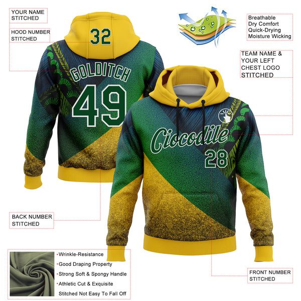 Custom Stitched Yellow Green-White 3D Pattern Design Brazil Inspired Tribal Sports Wear Pullover Sweatshirt Hoodie