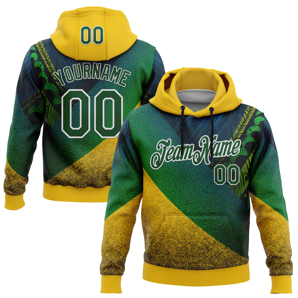 Custom Stitched Yellow Green-White 3D Pattern Design Brazil Inspired Tribal Sports Wear Pullover Sweatshirt Hoodie
