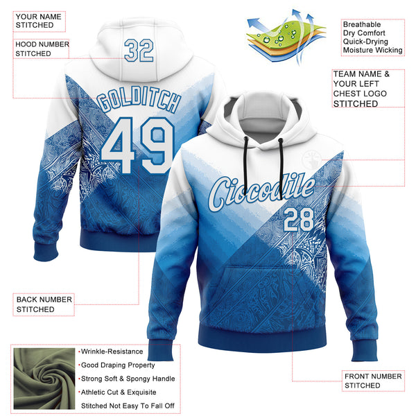 Custom Stitched White Blue 3D Pattern Design Argentine Inspired Geometric Tribal Sports Wear Pullover Sweatshirt Hoodie