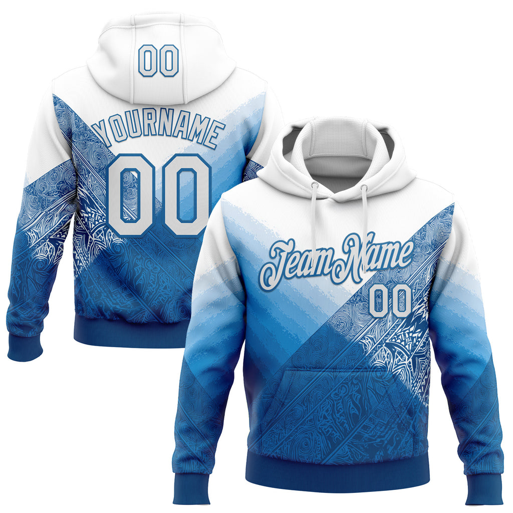 Custom Stitched White Blue 3D Pattern Design Argentine Inspired Geometric Tribal Sports Wear Pullover Sweatshirt Hoodie