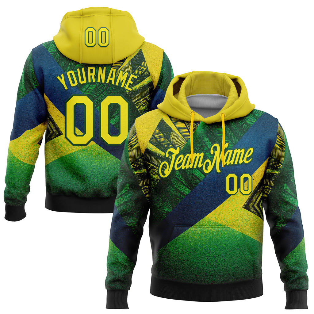 Custom Stitched Green Light Yellow-Blue 3D Pattern Design Brazil Inspired Geometric Tribal Sports Wear Pullover Sweatshirt Hoodie