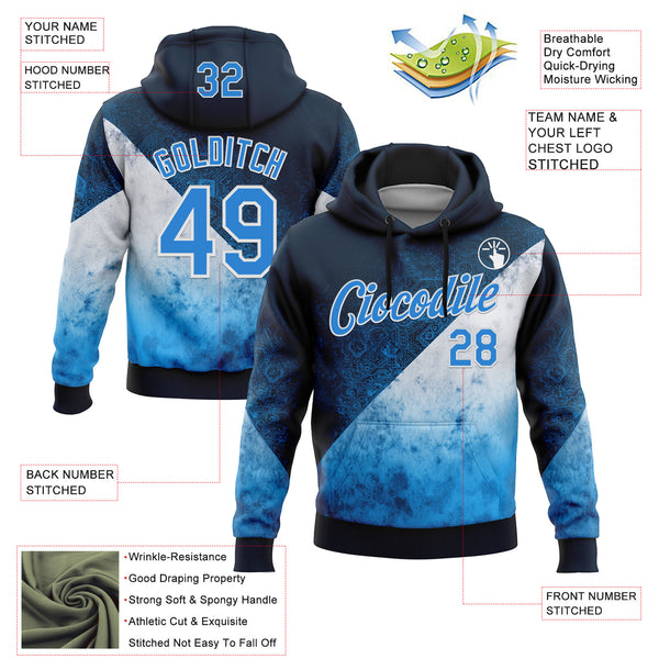 Custom Stitched Blue Powder Blue-White 3D Pattern Design Argentine Inspired Geometric Tribal Watercolor Sports Wear Pullover Sweatshirt Hoodie