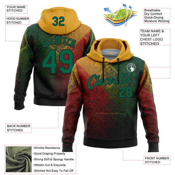 Custom Stitched Yellow Kelly Green Red-Black 3D Pattern Design Brazil Mexico Inspired Geometric Tribal Sports Wear Pullover Sweatshirt Hoodie