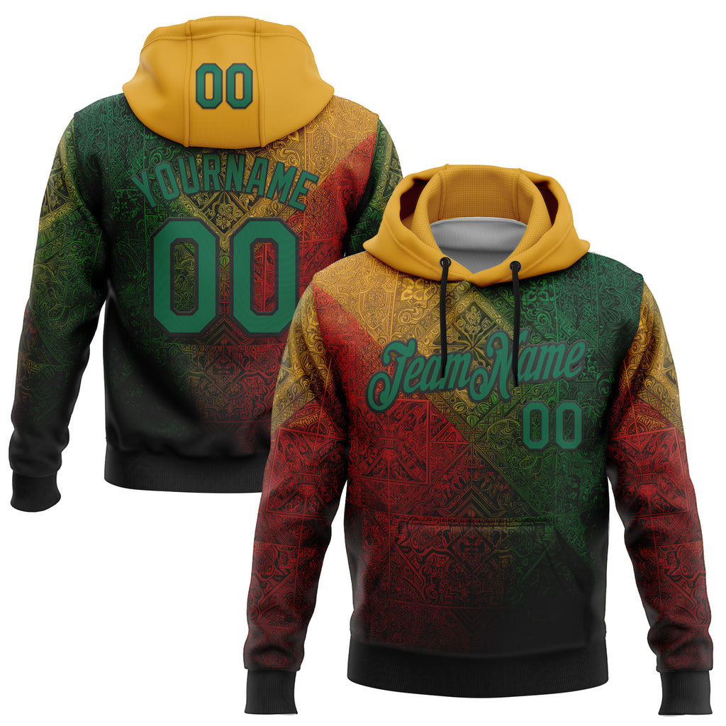 Custom Stitched Yellow Kelly Green Red-Black 3D Pattern Design Brazil Mexico Inspired Geometric Tribal Sports Wear Pullover Sweatshirt Hoodie