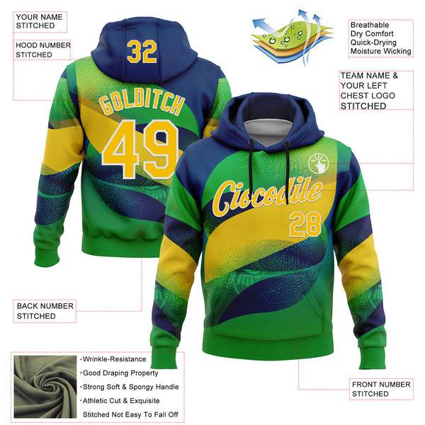 Custom Stitched Green Yellow Blue-White 3D Pattern Design Brazil Inspired Geometric Shape Sports Wear Pullover Sweatshirt Hoodie