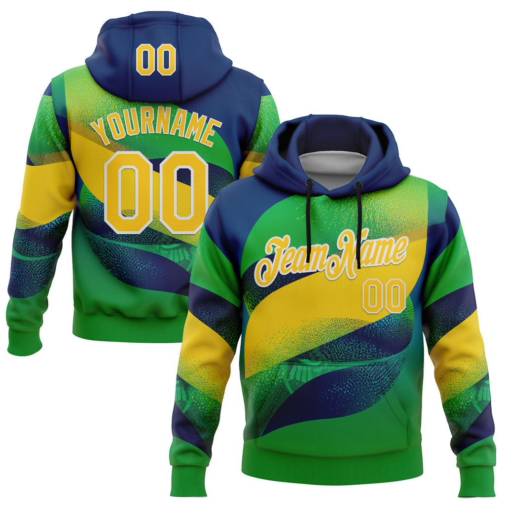 Custom Stitched Green Yellow Blue-White 3D Pattern Design Brazil Inspired Geometric Shape Sports Wear Pullover Sweatshirt Hoodie