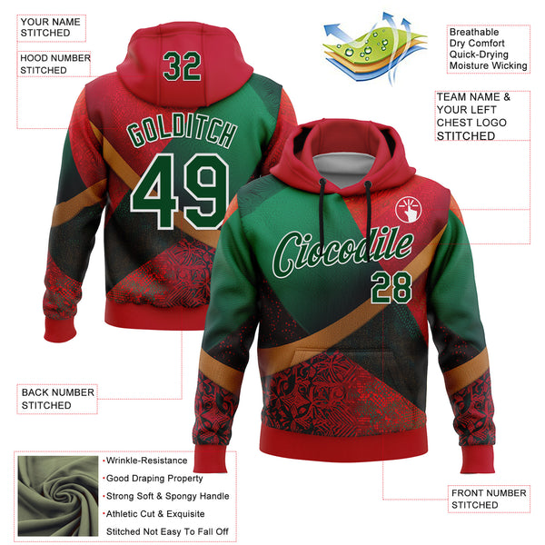 Custom Stitched Red Green-White 3D Pattern Design Mexico Geometric Tribal Sports Wear Pullover Sweatshirt Hoodie