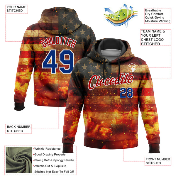 Custom Stitched Red Royal-White 3D American Flag Retro Distressed Flame Grunge Sports Pullover Sweatshirt Hoodie