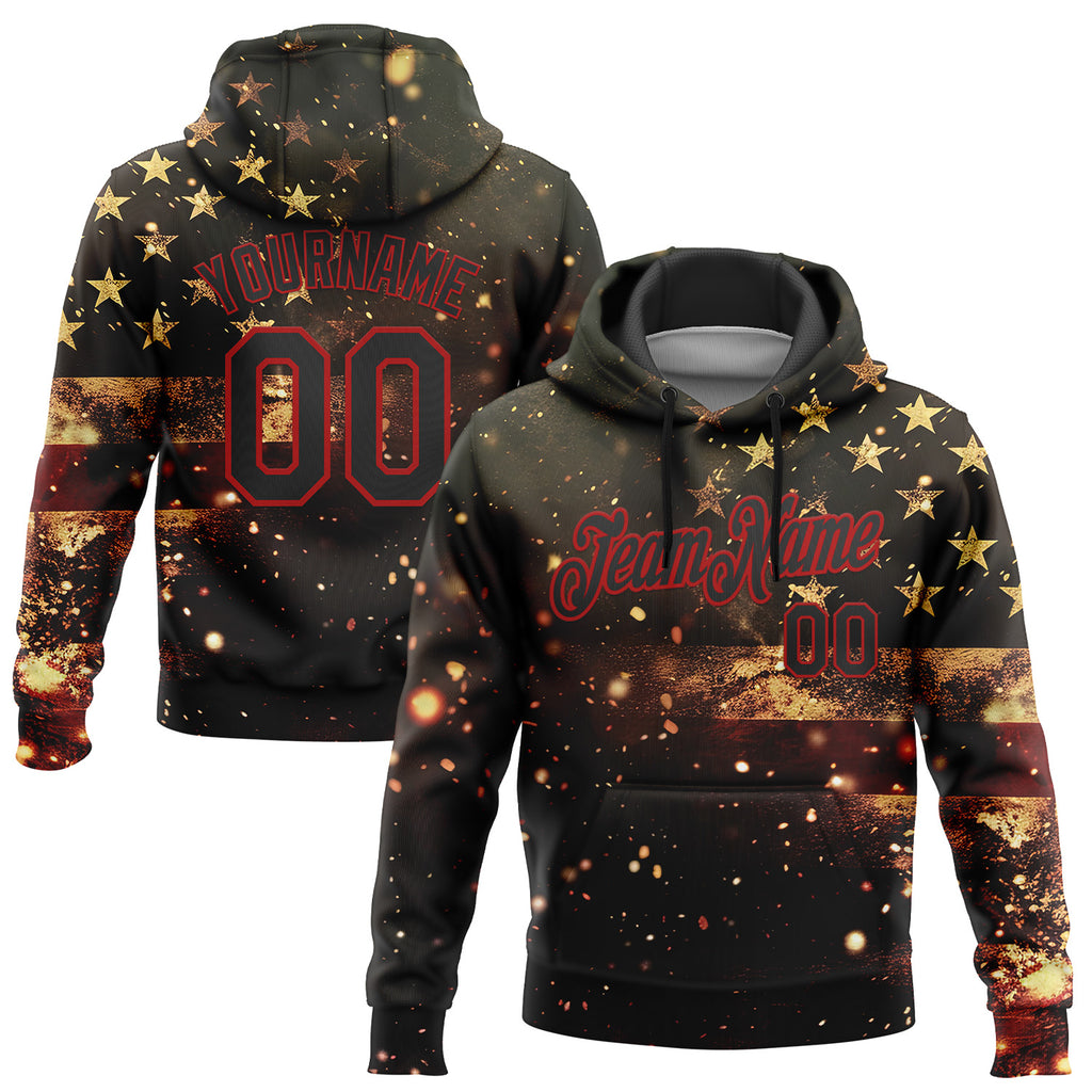 Custom Stitched Black Red 3D American Flag Retro Distressed Sparkle Grunge Sports Pullover Sweatshirt Hoodie