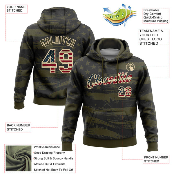 Custom Stitched Olive Vintage USA Flag-City Cream 3D American Flag Retro Distressed Grunge Salute To Service Sports Pullover Sweatshirt Hoodie
