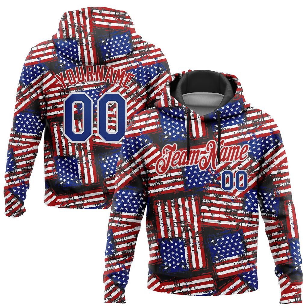 Custom Stitched Black Royal Red-White 3D American Flag Retro Distressed Grunge Sports Pullover Sweatshirt Hoodie