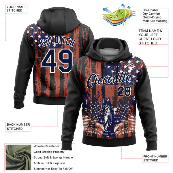 Custom Stitched Black Navy-Cream 3D American Flag Retro Distressed Statue of Liberty Grunge Sports Pullover Sweatshirt Hoodie