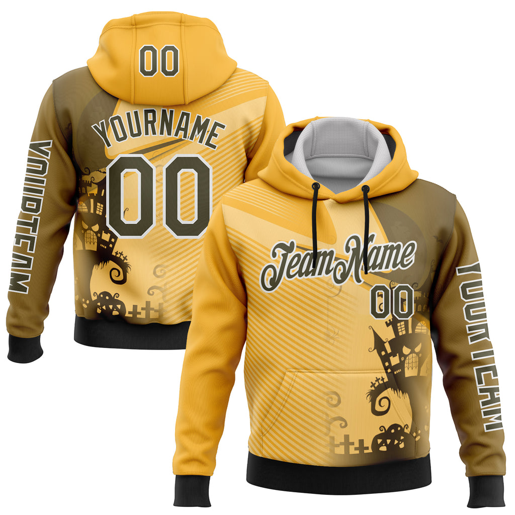 Custom Yellow Olive-White 3D Halloween Spooky Sportswear Sports Pullover Sweatshirt Hoodie