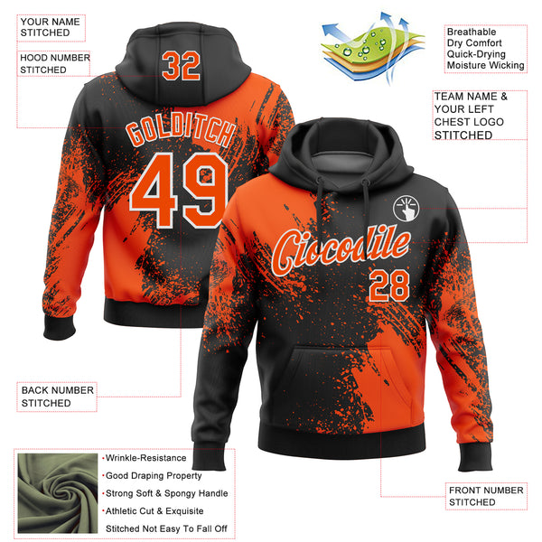 Custom Stitched Black Orange-White 3D Pattern Design Abstract Brush Stroke Sports Pullover Sweatshirt Hoodie