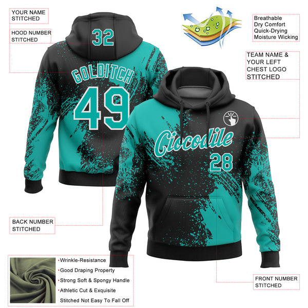 Custom Stitched Black Aqua-White 3D Pattern Design Abstract Brush Stroke Sports Pullover Sweatshirt Hoodie