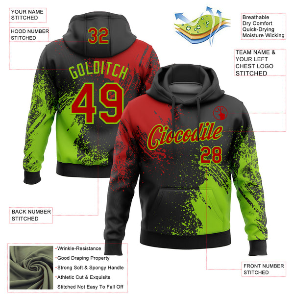 Custom Stitched Black Red-Neon Green 3D Pattern Design Abstract Brush Stroke Sports Pullover Sweatshirt Hoodie