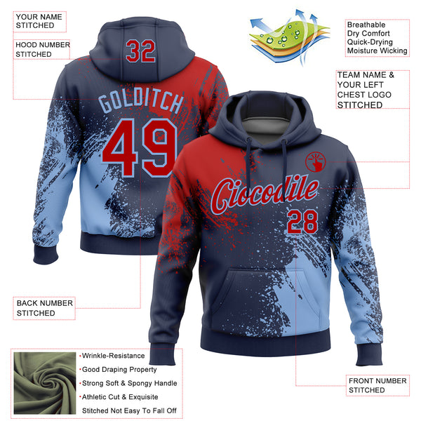 Custom Stitched Navy Red-Light Blue 3D Pattern Design Abstract Brush Stroke Sports Pullover Sweatshirt Hoodie