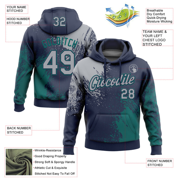 Custom Stitched Navy Gray-Teal 3D Pattern Design Abstract Brush Stroke Sports Pullover Sweatshirt Hoodie