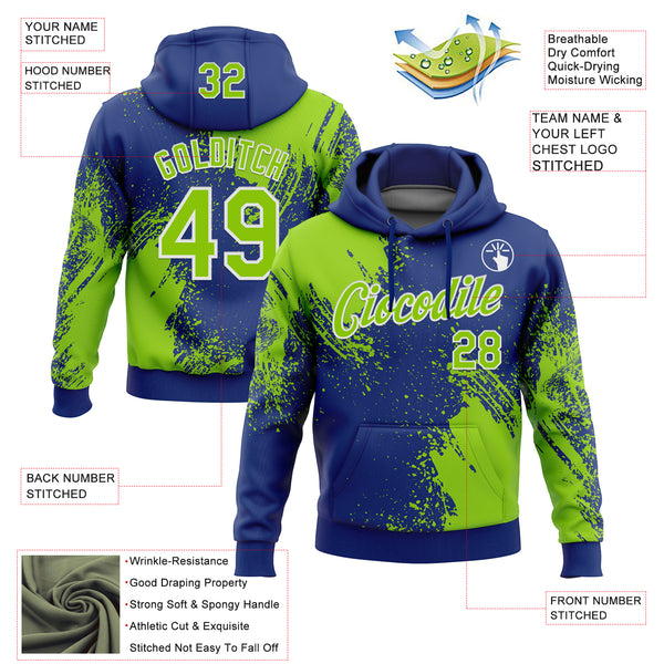 Custom Stitched Royal Neon Green-White 3D Pattern Design Abstract Brush Stroke Sports Pullover Sweatshirt Hoodie
