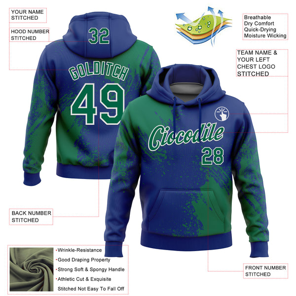 Custom Stitched Royal Kelly Green-White 3D Pattern Design Abstract Brush Stroke Sports Pullover Sweatshirt Hoodie