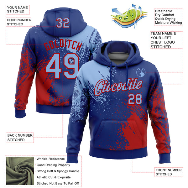 Custom Stitched Royal Light Blue-Red 3D Pattern Design Abstract Brush Stroke Sports Pullover Sweatshirt Hoodie