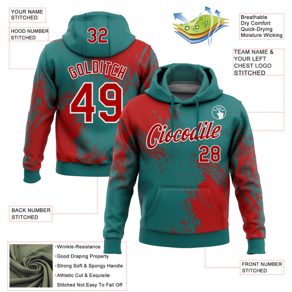 Custom Stitched Teal Red-White 3D Pattern Design Abstract Brush Stroke Sports Pullover Sweatshirt Hoodie
