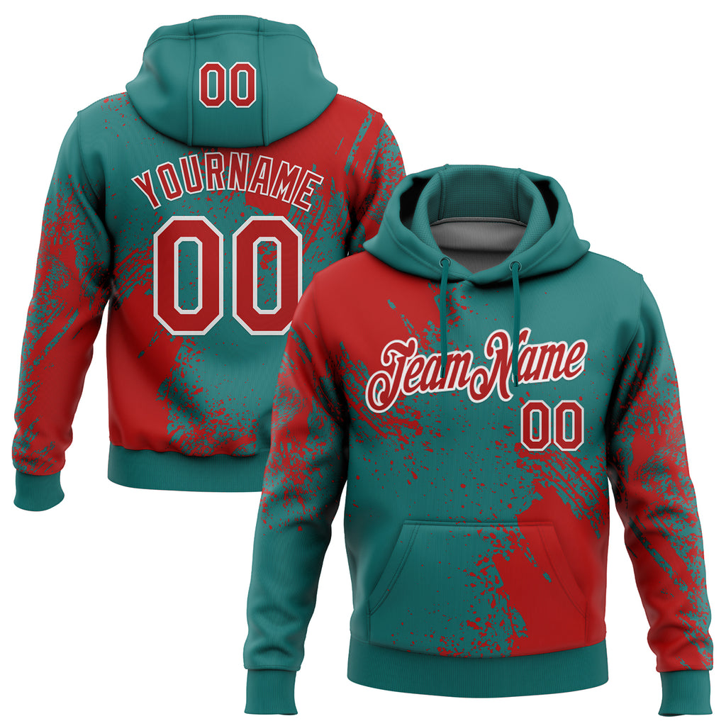 Custom Stitched Teal Red-White 3D Pattern Design Abstract Brush Stroke Sports Pullover Sweatshirt Hoodie