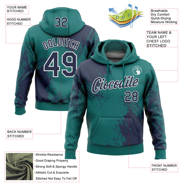 Custom Stitched Teal Navy-White 3D Pattern Design Abstract Brush Stroke Sports Pullover Sweatshirt Hoodie