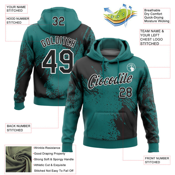 Custom Stitched Teal Black-White 3D Pattern Design Abstract Brush Stroke Sports Pullover Sweatshirt Hoodie