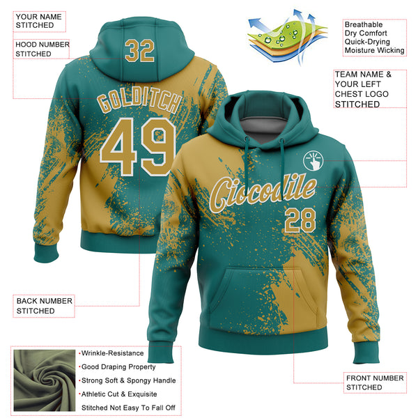 Custom Stitched Teal Old Gold-White 3D Pattern Design Abstract Brush Stroke Sports Pullover Sweatshirt Hoodie