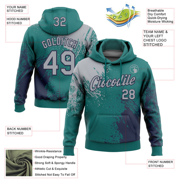 Custom Stitched Teal Gray-Navy 3D Pattern Design Abstract Brush Stroke Sports Pullover Sweatshirt Hoodie