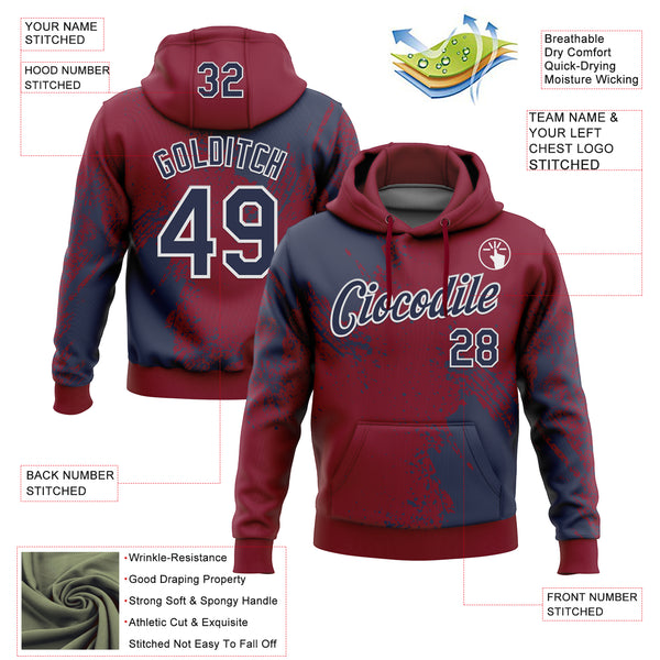 Custom Stitched Crimson Navy-White 3D Pattern Design Abstract Brush Stroke Sports Pullover Sweatshirt Hoodie