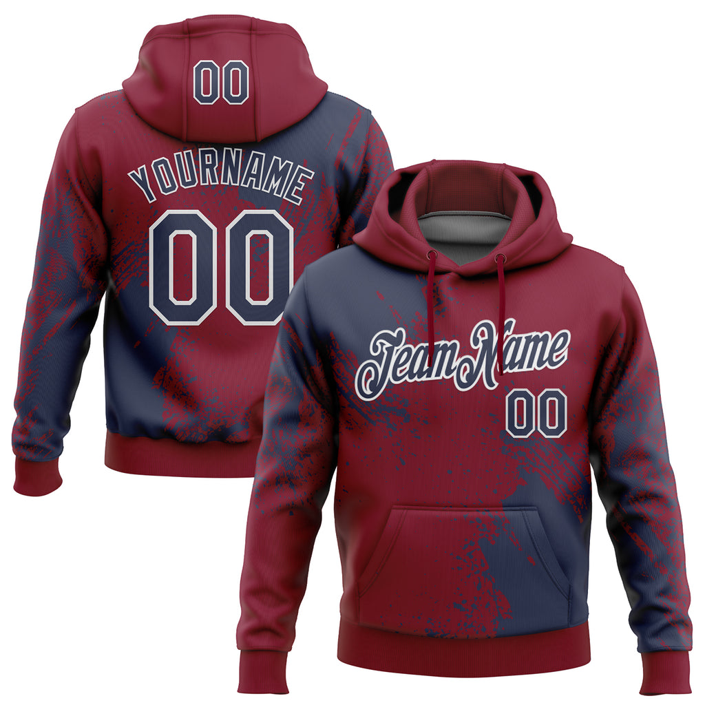 Custom Stitched Crimson Navy-White 3D Pattern Design Abstract Brush Stroke Sports Pullover Sweatshirt Hoodie