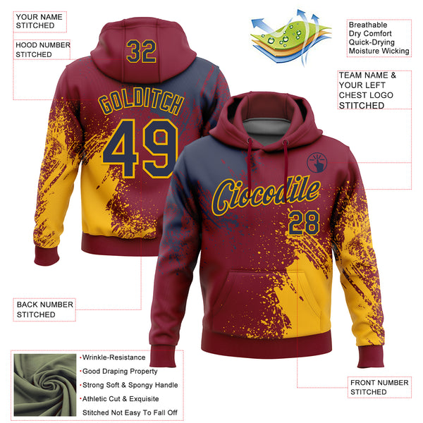 Custom Stitched Crimson Navy-Gold 3D Pattern Design Abstract Brush Stroke Sports Pullover Sweatshirt Hoodie