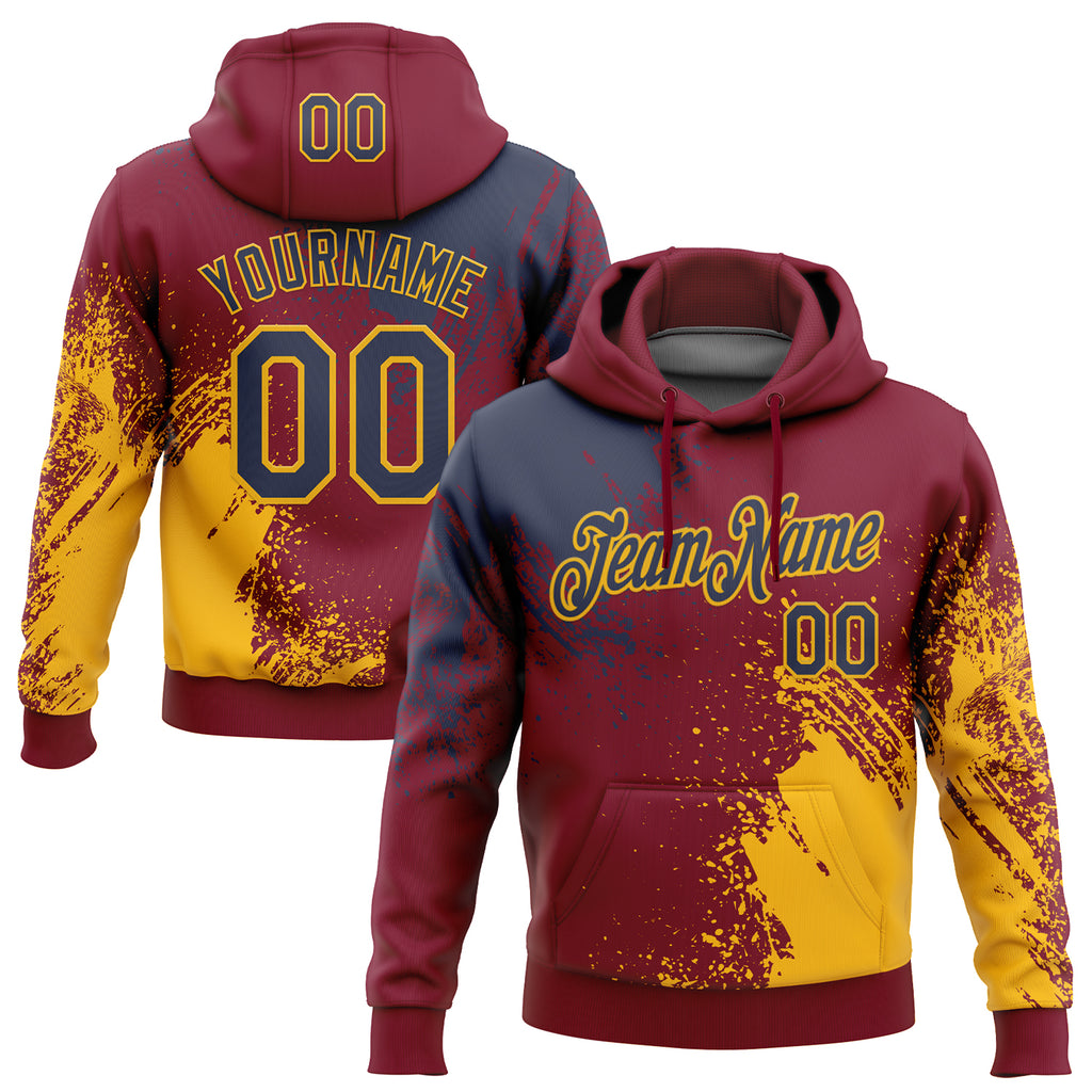 Custom Stitched Crimson Navy-Gold 3D Pattern Design Abstract Brush Stroke Sports Pullover Sweatshirt Hoodie