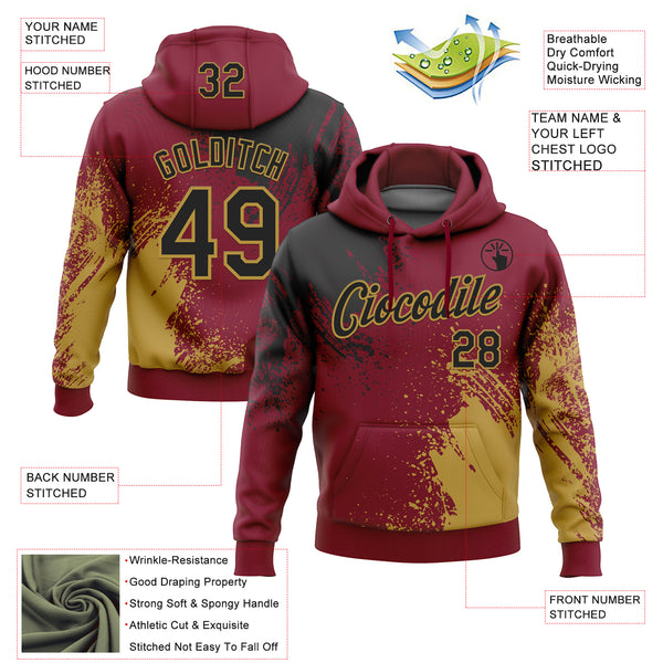 Custom Stitched Crimson Black-Old Gold 3D Pattern Design Abstract Brush Stroke Sports Pullover Sweatshirt Hoodie