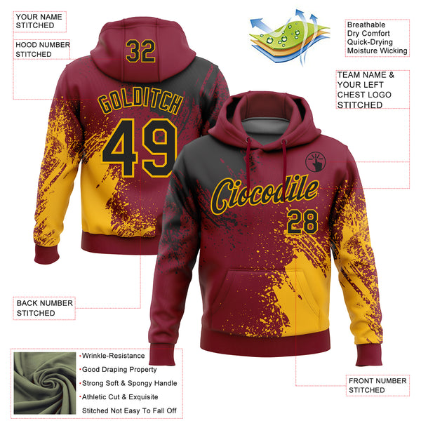 Custom Stitched Crimson Black-Gold 3D Pattern Design Abstract Brush Stroke Sports Pullover Sweatshirt Hoodie