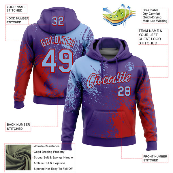 Custom Stitched Purple Light Blue-Red 3D Pattern Design Abstract Brush Stroke Sports Pullover Sweatshirt Hoodie