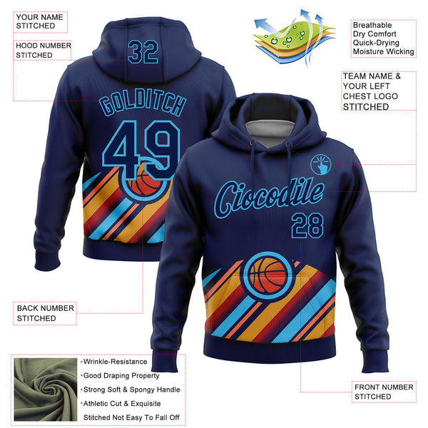 Custom Stitched Navy Orange-Sky Blue 3D Pattern Design Ball Sports Pullover Sweatshirt Hoodie