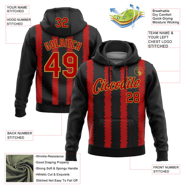 Custom Stitched Black Red-Old Gold 3D Pattern Design Line Sports Pullover Sweatshirt Hoodie