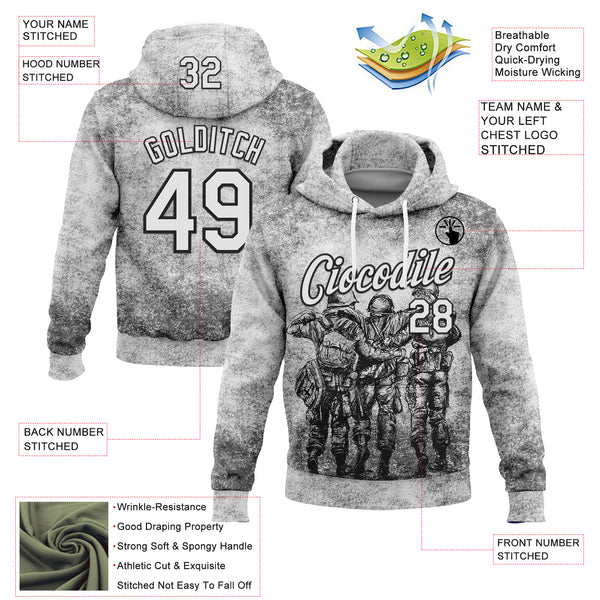 Custom Stitched Gray White-Black 3D Pattern Design Soldier Sports Pullover Sweatshirt Hoodie