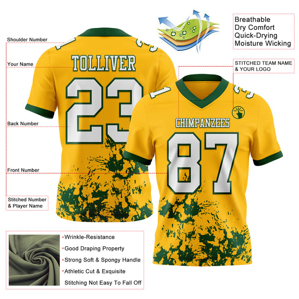 Custom Gold White-Green 3D Pattern Splash Authentic Football Jersey