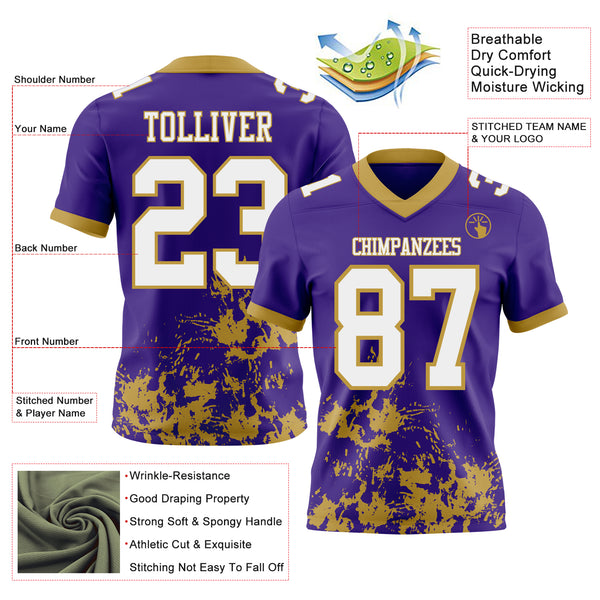 Custom Purple White-Old Gold 3D Pattern Splash Authentic Football Jersey
