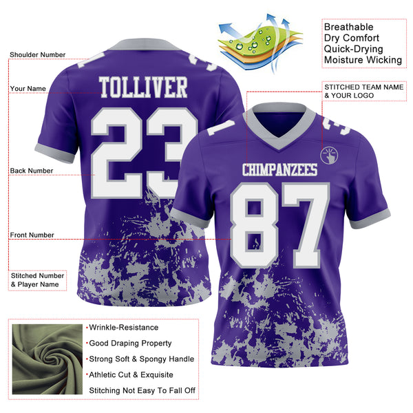 Custom Purple White-Gray 3D Pattern Splash Authentic Football Jersey